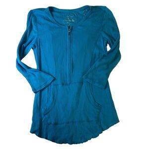 Currants Womens Tunic Large Teal Blue Ribbed Quarter Zip Long Sleeve Casual Comf